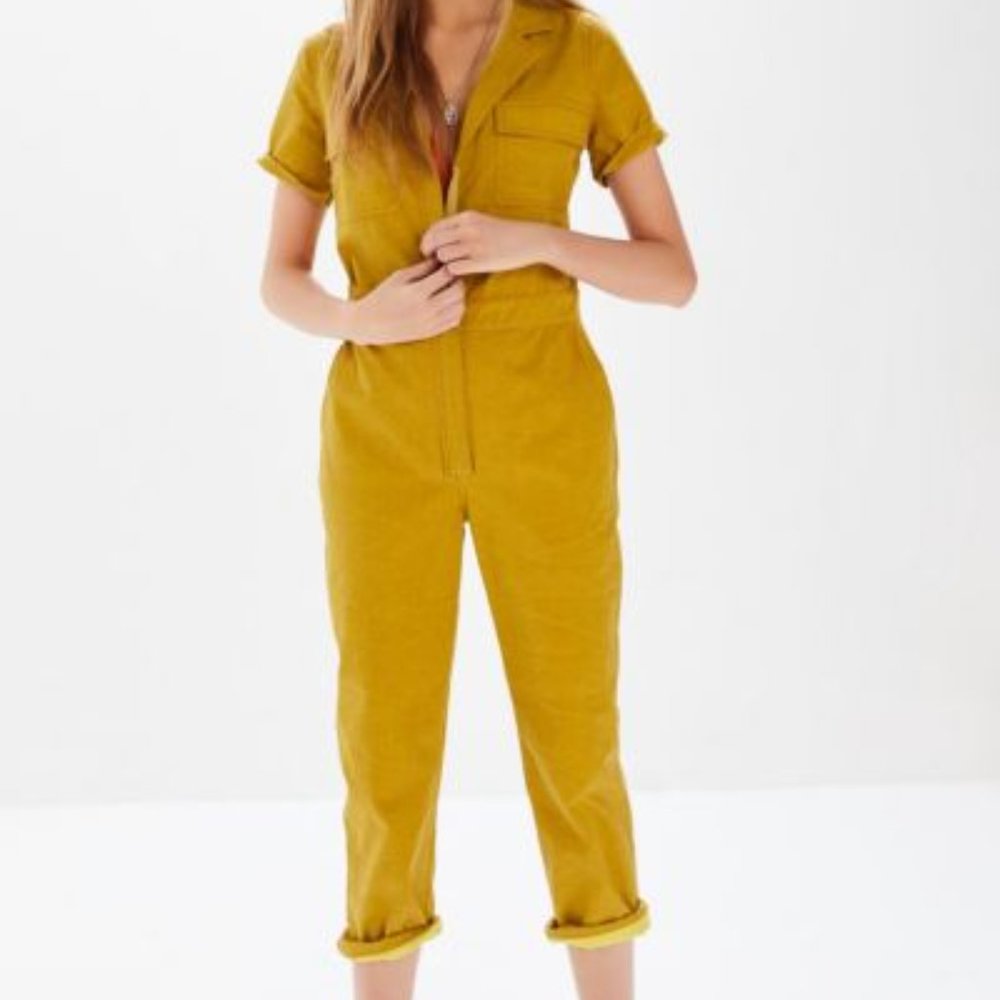 XS Moon River Cropped, Denim Jumpsuit in Mustard
